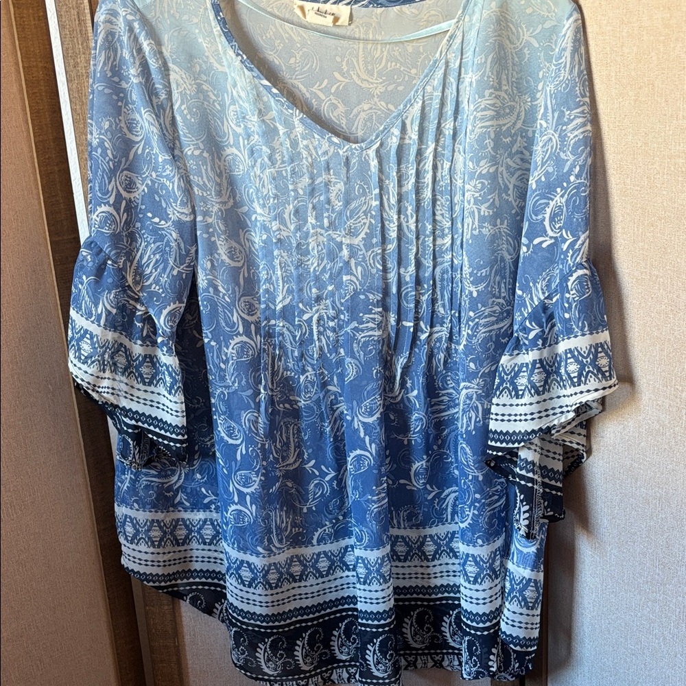 Style & Co. Blue and White sheer Patterned Blouse medium